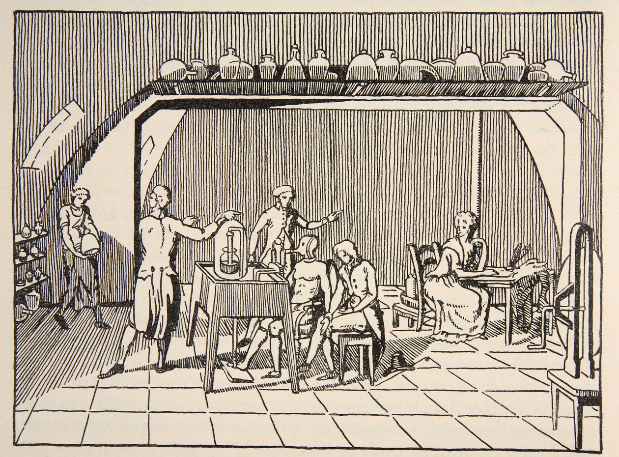 Experimento respiratório no laboratório de Lavoisier, cópia de Boris Mestchersky (n.1957) Ilustração da História das Nacionalidades Francaise, Volumes I e II, de Gabriel Hanotaux (1853-1944) de French School