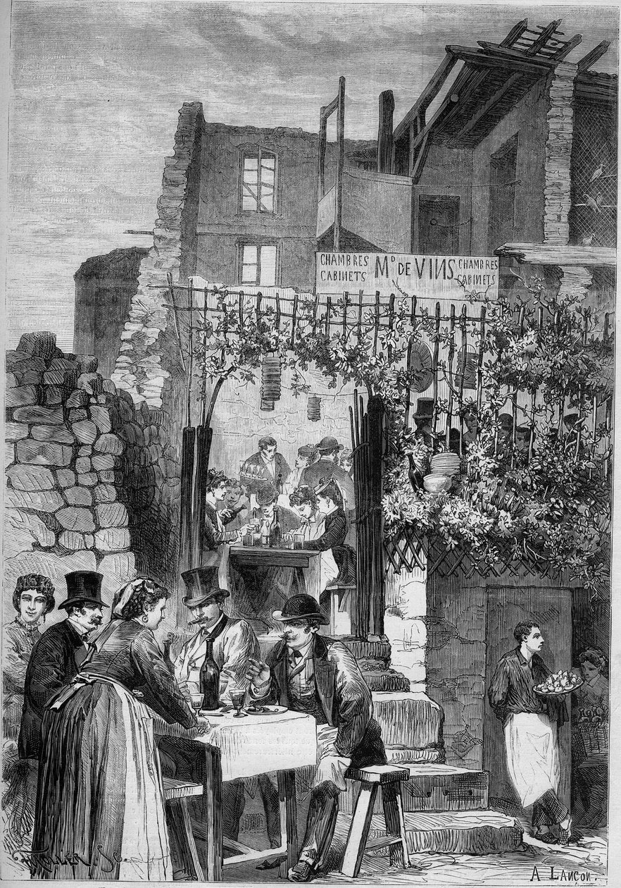 Um restaurante nas ruínas do castelo de Saint Cloud, durante o carnaval. de French School