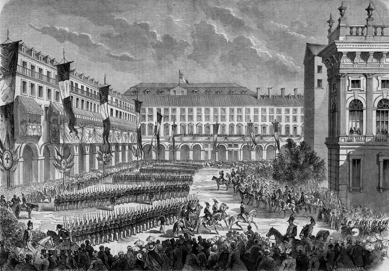 Uma revisão das tropas passou pelo rei italiano Victor Emmanuel II (Vittorio Emanuele) em Turim, em 7 de junho de French School