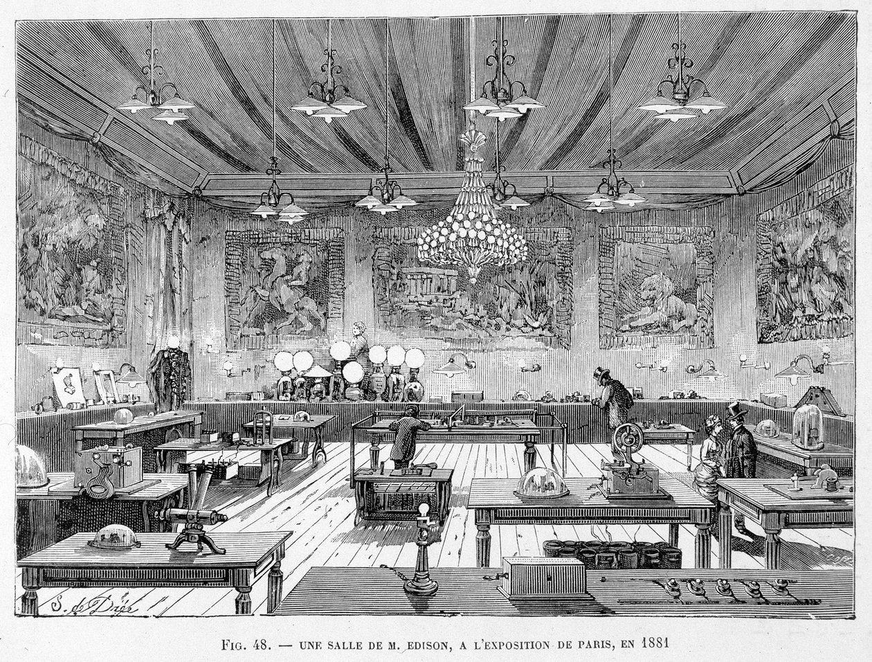 Um quarto do Sr. Edison na exposição de Paris em 1881 - em "As novas conquistas da ciência" de Louis Figuier de French School