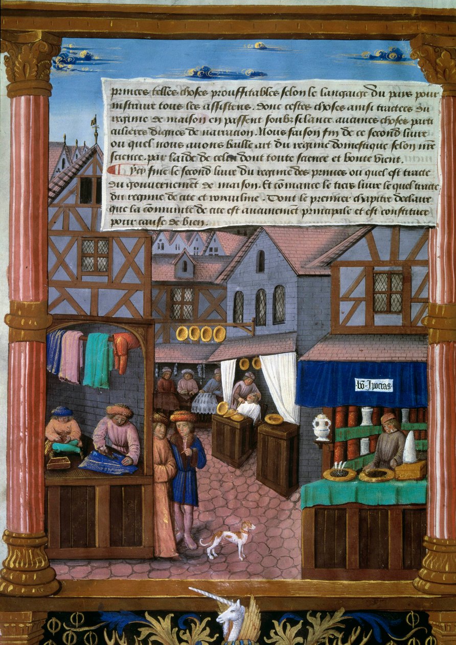 A rue de Paris com ecos no início do século XVI Página manuscrita retirada do "Livre du gouvernement des Princes" de Romain Gilles (século XVI) Paris, Bibliotheque de l