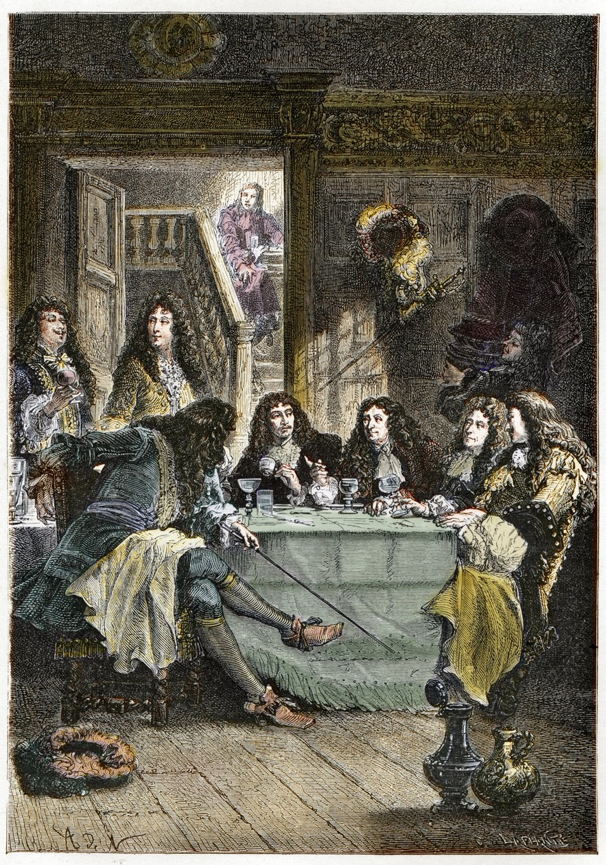 Um salão (Cabaret) reunindo os escritores franceses Jean de La Fontaine (1621-1695), Nicolas Boileau-Despreaux (Boileau Despreaux) (1636-1711), o dramaturgo Jean Baptiste Poquelin dit Moliere (1622-1673) e o poeta Jean Racine (1639-1699) - La Fontaine, Boi de French School