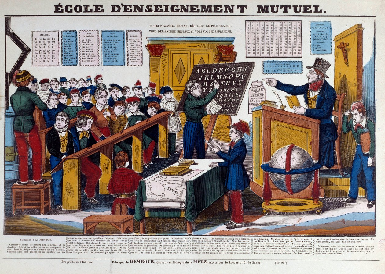 Escola de ensino mútuo introduzida em França por volta de 1815. Gravura do século XIX Paris, Museu Carnavalet de French School