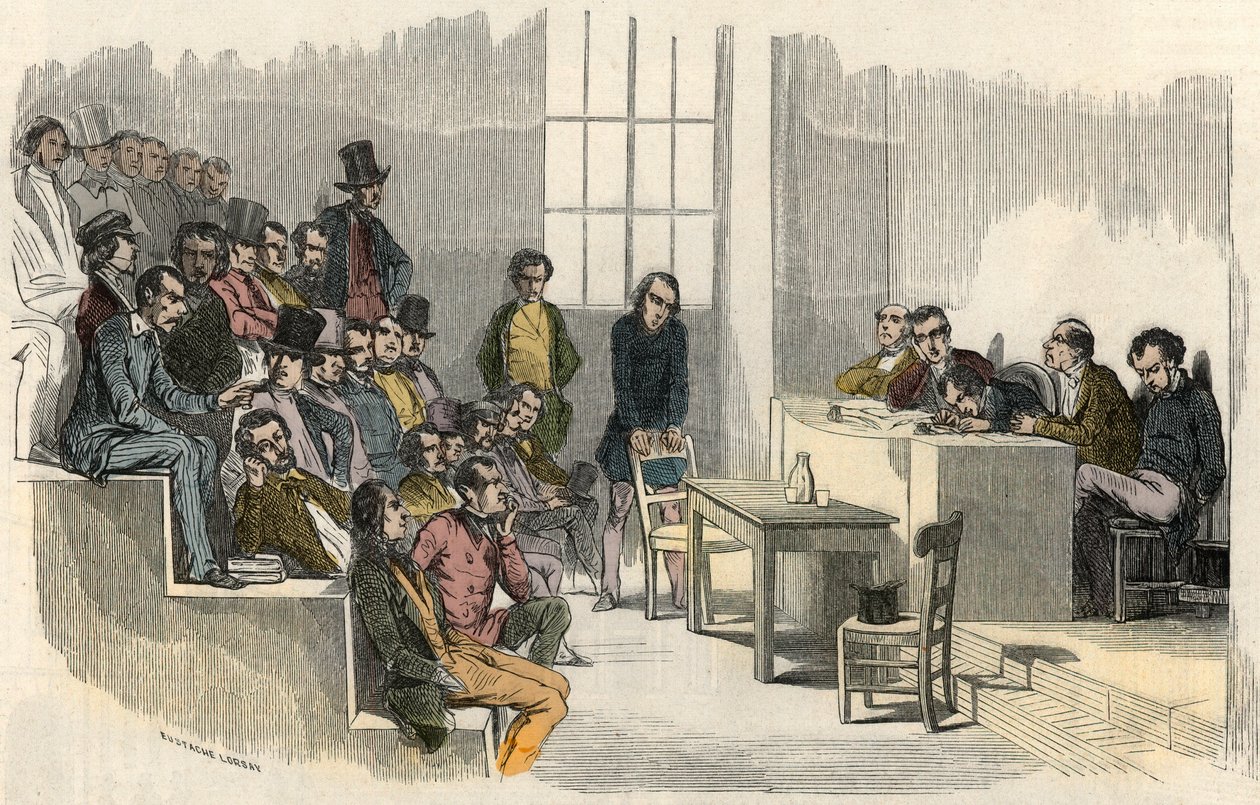 Uma sessão do concurso de convocação na Sorbonne em Paris no século XIX - Gravura no "Tableau-de-Paris" de Edmond Texier 1852 de French School