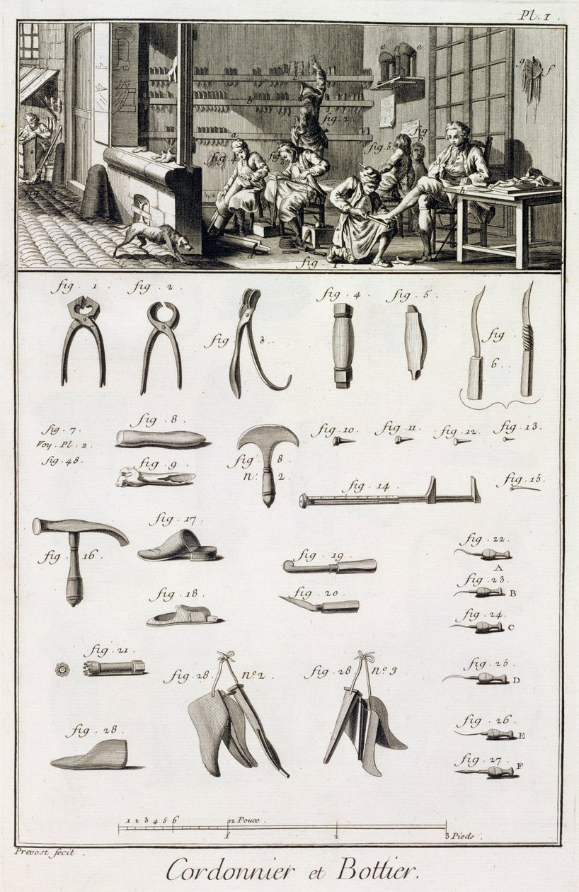 Um sapato e bootmaker e suas ferramentas, da enciclopédia de Ciências e Metiers por Denis Diderot (1713-84) publicado c.1770 de French School