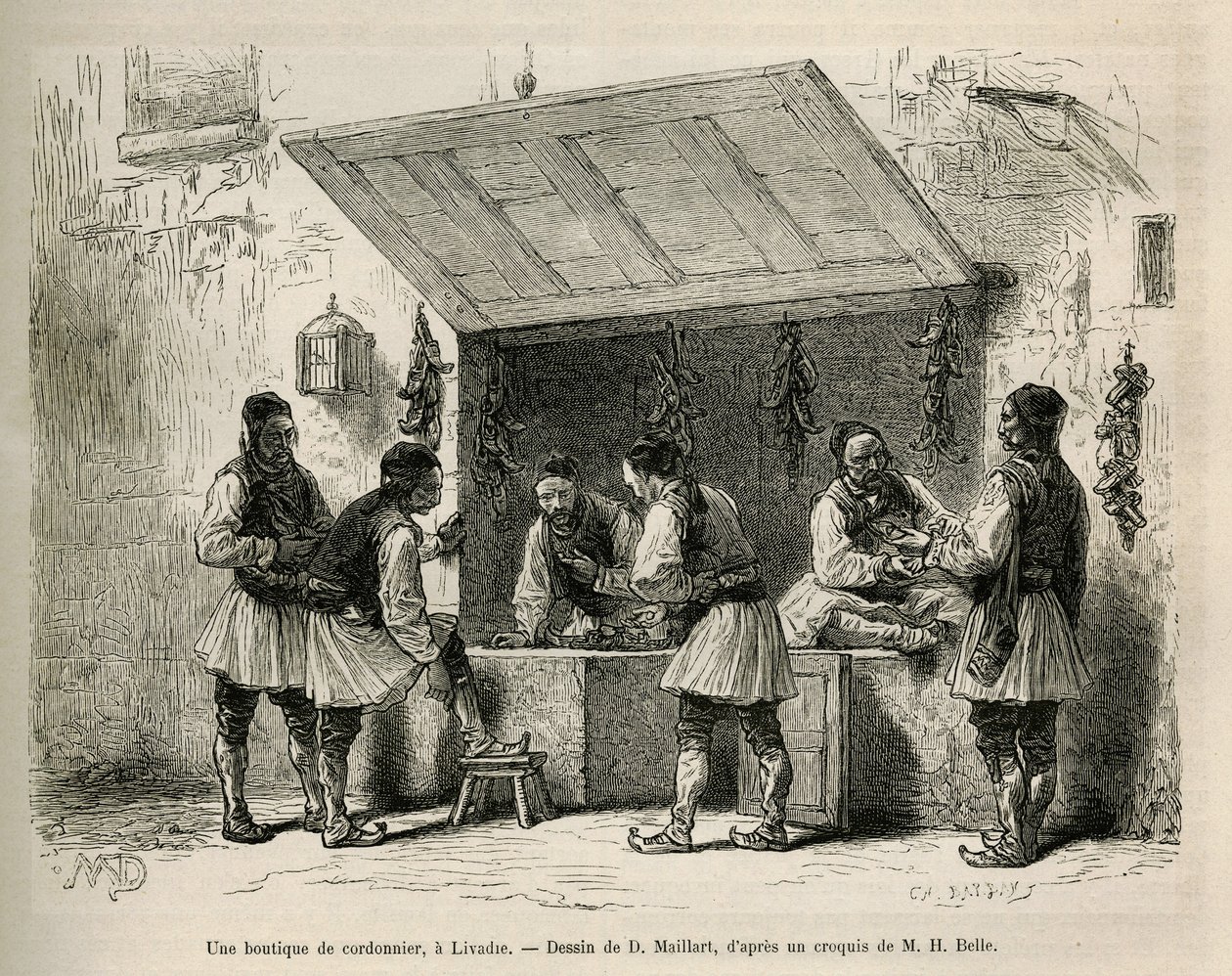 Uma sapataria e sua clientela, em Livadie, desenho de D.Maillard, para ilustrar a história de Henri Belle: Voyage en Greece de French School