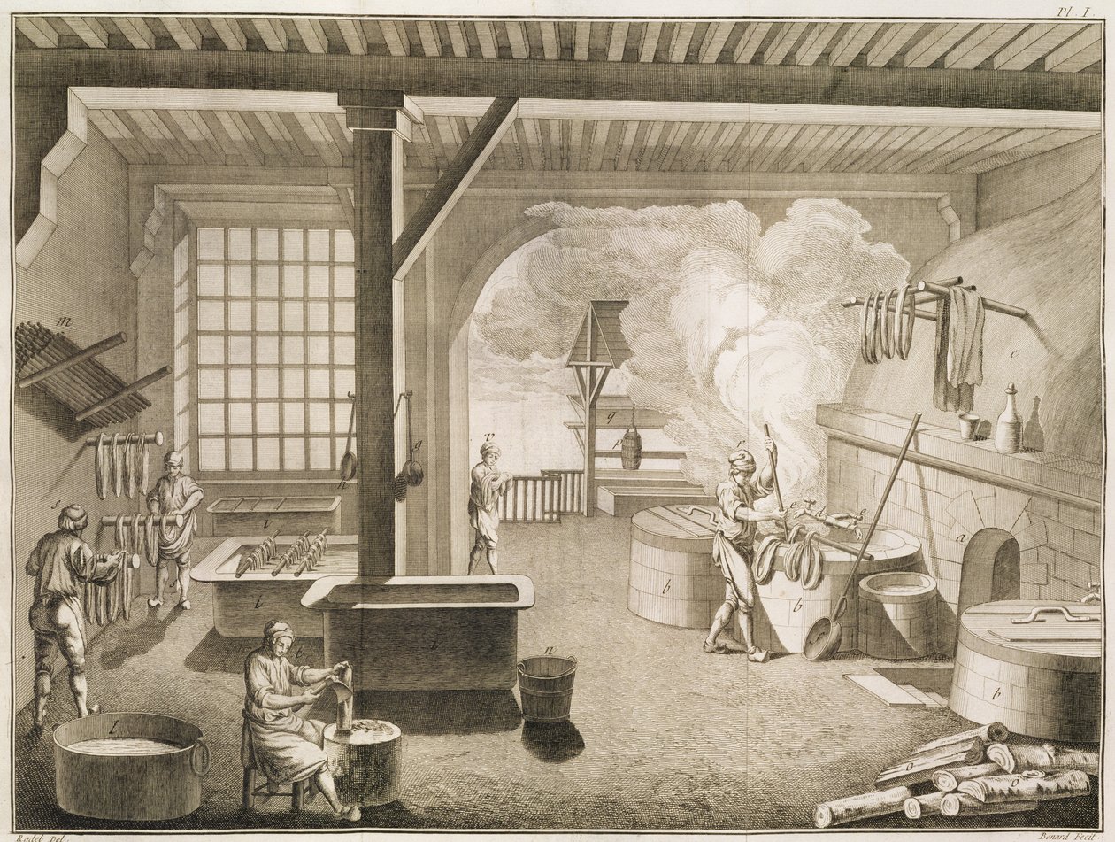 Uma oficina de tintureiros de seda, da Encyclopédie des Sciences et Métiers de Denis Diderot (1713-84), publicada em 1770 de French School