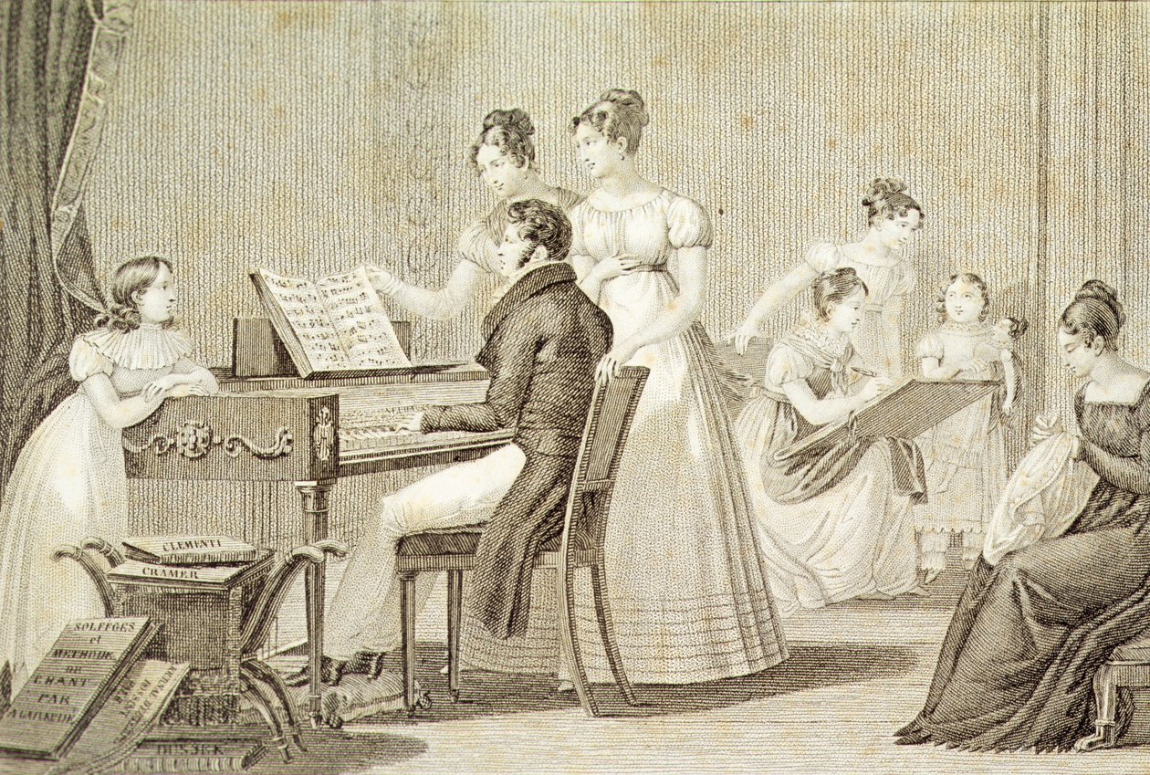 Uma aula de canto para senhoras jovens (gravura) de French School