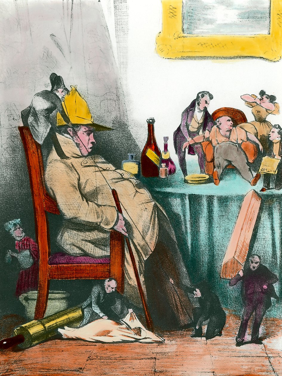 Um hipocondríaco sentado pensando na sua próxima morte Ilustração para a peça "Le malade imaginaire" de Jean Baptiste Poquelin dit Moliere (1622-1673) Colecção Privada do século XIX de French School