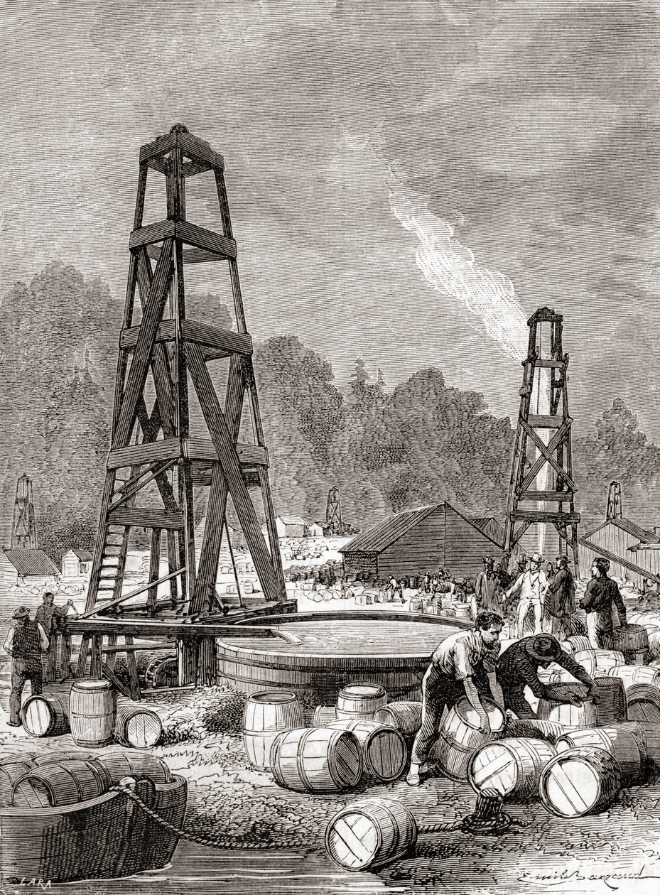 Uma fonte de petróleo em Oil Creek no Rio Allegheny, Pensilvânia, EUA, em 1858, descoberta por Edwin Laurentine Drake, também conhecido como Coronel Drake, de 