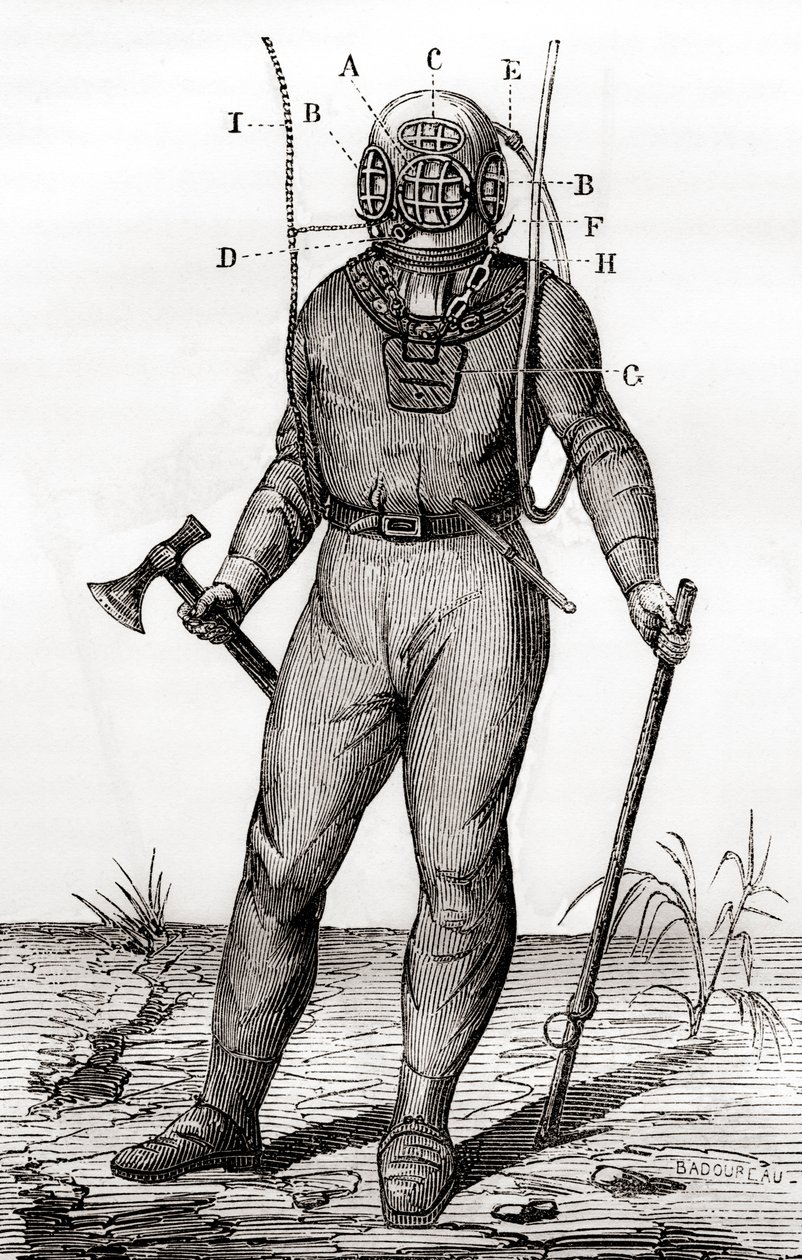 Um fato de mergulho padrão patenteado por Joseph-Martin Cabirol em 1855, de 