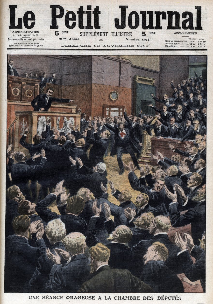 Uma sessão tempestuosa na Câmara dos Deputados - o Primeiro-Ministro Aristide Briand acusa o líder dos Socialistas, Jean Jaures, de violação da lei - ilustração do 