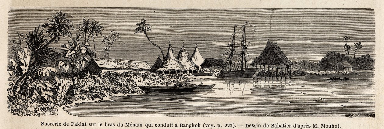 Uma fábrica de açúcar de Paklat, no braço do Menam, o principal rio da Tailândia, desenhada por Sabatier, para ilustrar a viagem de Henri Mouhot aos reinos do Sião, Camboja e Laos, de 1858 a 1861. Gravura em "Le tour du monde", editado por Edouard Charto de French School