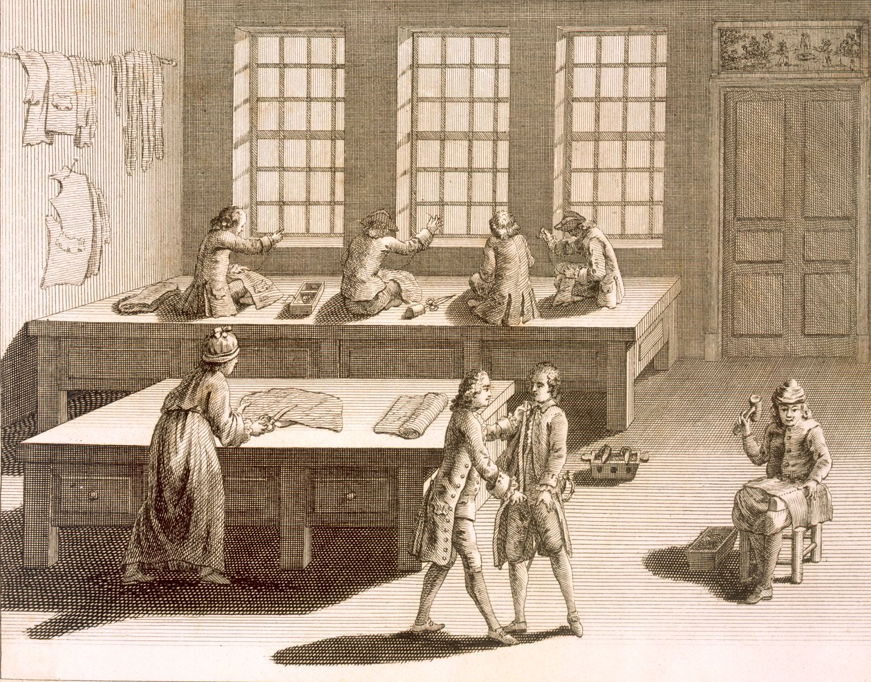 Uma oficina de alfaiates, da Encyclopédie des Sciences et Metiers de Denis Diderot (1713-84), publicada em 1770 de French School