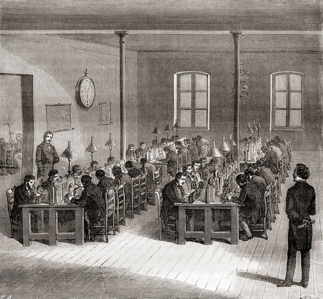 Uma estação telegráfica em Paris, França c.1870, de Les Merveilles de la Science, publicada c.1870 (engaving) de French School