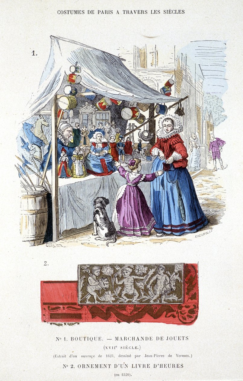 Um comerciante de brinquedos no século XVII - em "Le costume de Paris dans travers les siècles" (O traje de Paris no Século XVII) de French School