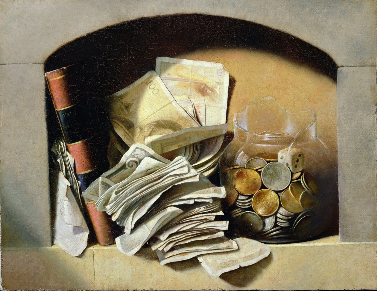 Um trompe loeil de papel-moeda, moedas e um frasco de vidro quebrado em um nicho de French School