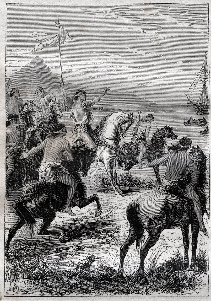 Uma tropa de homens a cavalo usava uma bandeira branca: Vice-Almirante John Byron (1723-1786) recebido pelos nativos do Cabo das Virgens, na foz oriental de Detroit, em 1764 - ilustração de "Os Grandes Marinheiros do século XVIII". de French School