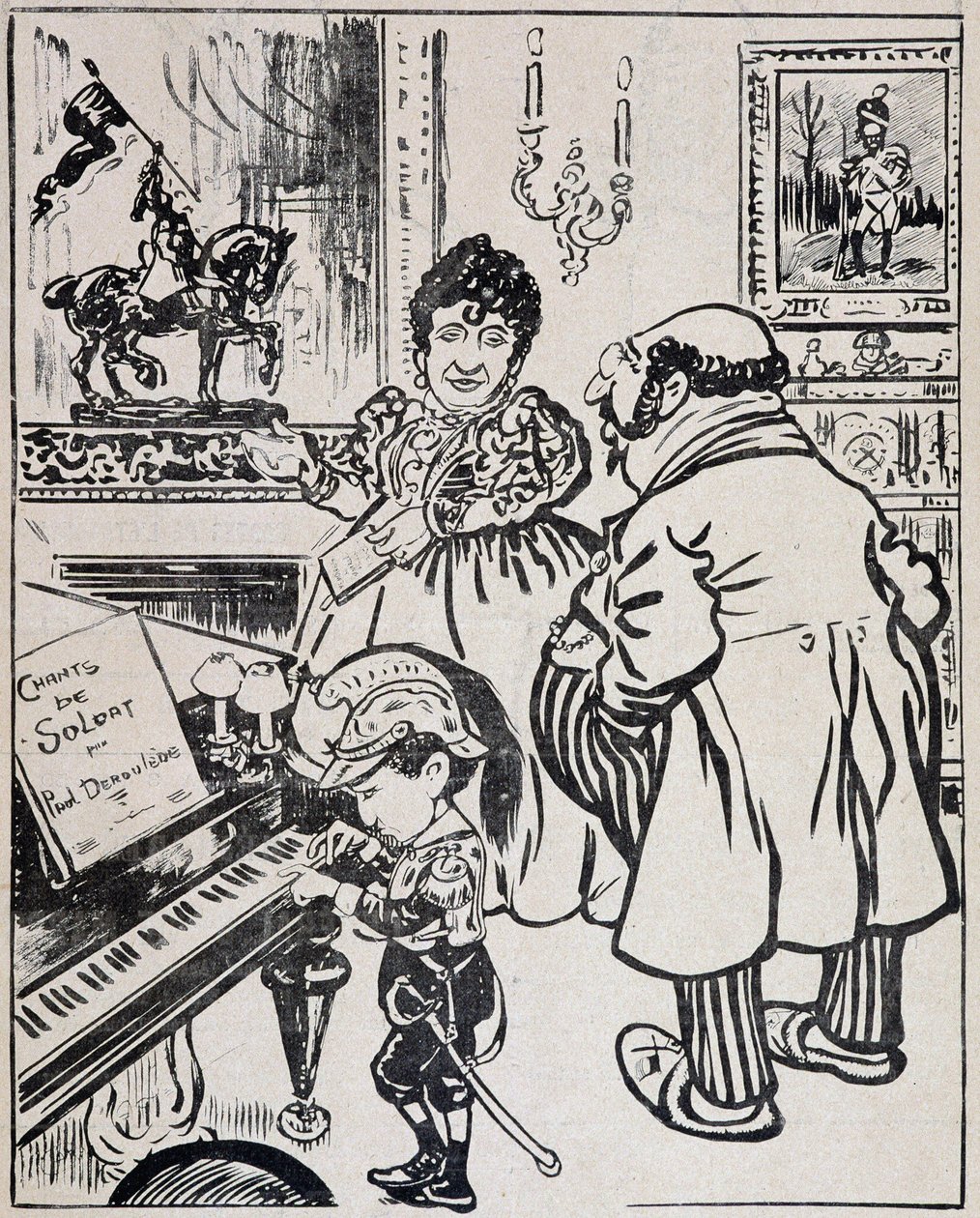 Um bronze usado, caricatura com navios de guerra, partitura de Deroulede ao piano e estatueta de Joana d