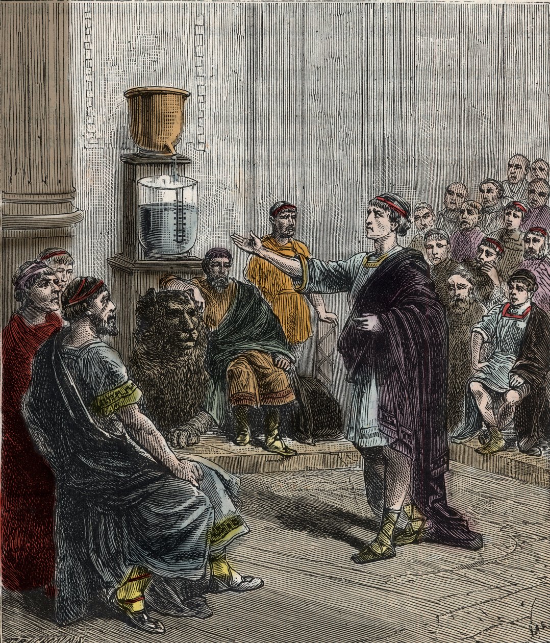 Um relógio de água ou clepsydra em Atenas - Grécia Antiga - la clepsydre a Athenes - Gravura em "Sciences placed at the door of all - physics and chemistry" de Alexis Clerc - Final do século XIX - Colecção privada de French School