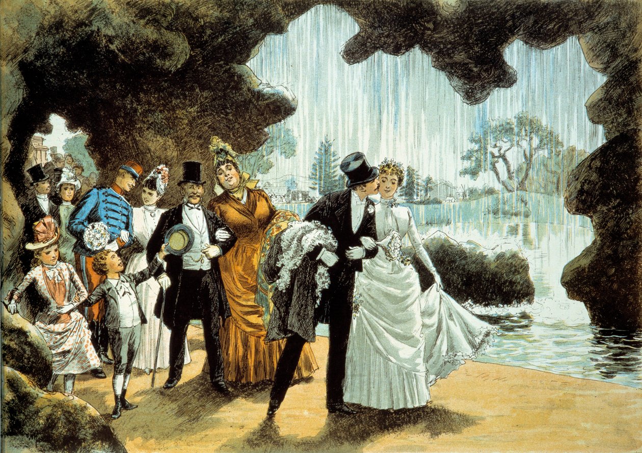 Um casamento tem uma cascata. Casal de noivos no Parc des Buttes Chaumont (). Impressão do final do século XIX Coleção Particular de French School