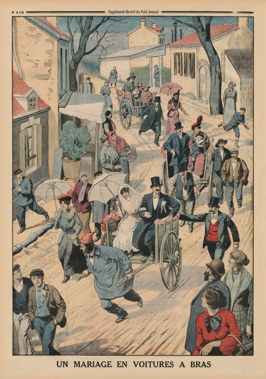 Um casamento em carrinhos de mão, ilustração da capa traseira do Le Petit Journal, suplemento illustre, 5 de abril de 1914 de French School