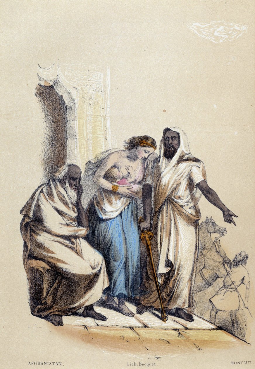 Uma mulher branca amamentando seu bebê castigada no Afeganistão; ilustração para o Aghanistan, - em "The twelve Nations" de M.E. Fouinet de French School