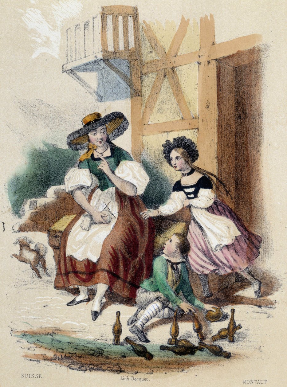 Uma mulher e 2 crianças jogando boliche; ilustração para a Suíça - em "Les twelve Nations" de M.E. Fouinet de French School