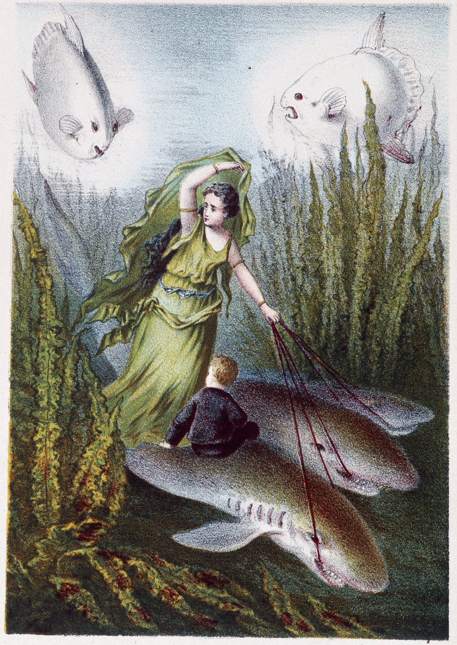 Uma mulher e um rapaz a fugir de peixes gigantes e tubarões - in "Viagem ao fundo do mar" de H. de la Blanchère. Paris, ed. Jouvet et Cie, sd. 1880. (duplo 02944) de French School
