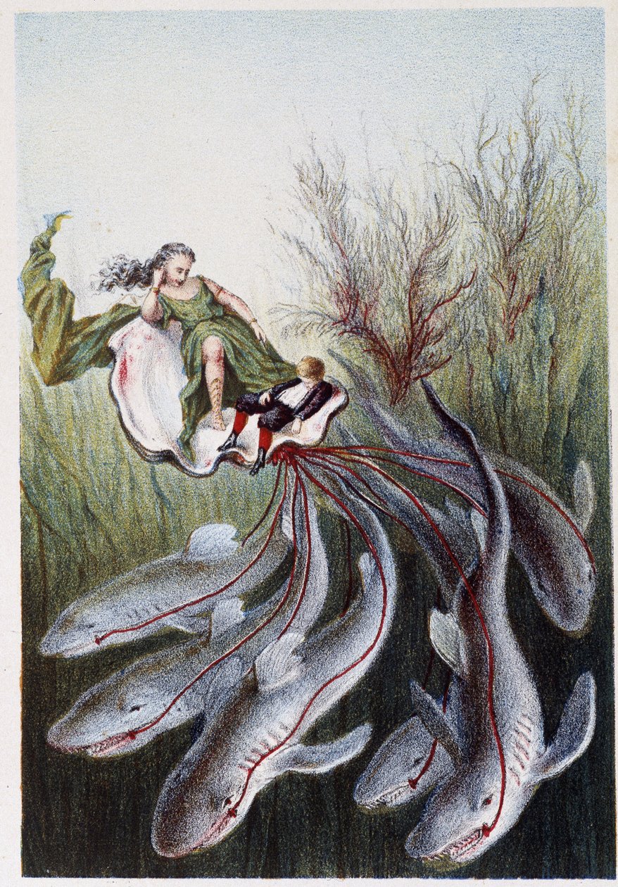 Uma mulher e um rapaz num tanque conduzido por tubarões - in "Viagem ao fundo do mar" de H. de la Blanchère. Paris, ed. Jouvet et Cie, sd. 1880. (duplo 02946) de French School