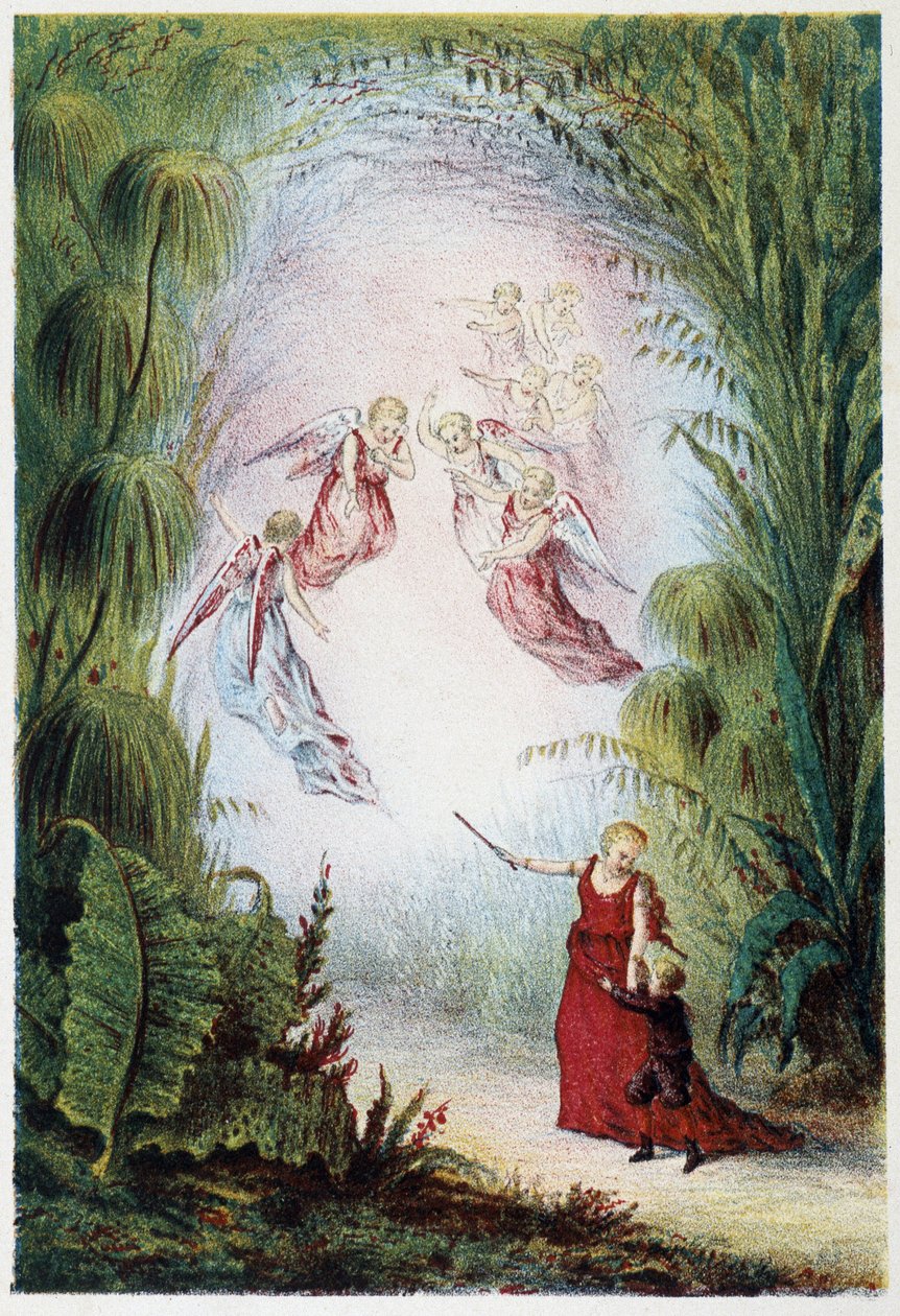 Uma mulher e os anjos a mostrar o caminho a um rapaz - em "Journey to the bottom of the sea" de H. de la Blanchère. Paris, Ed. Jouvet et Cie, sd. 1880. de French School