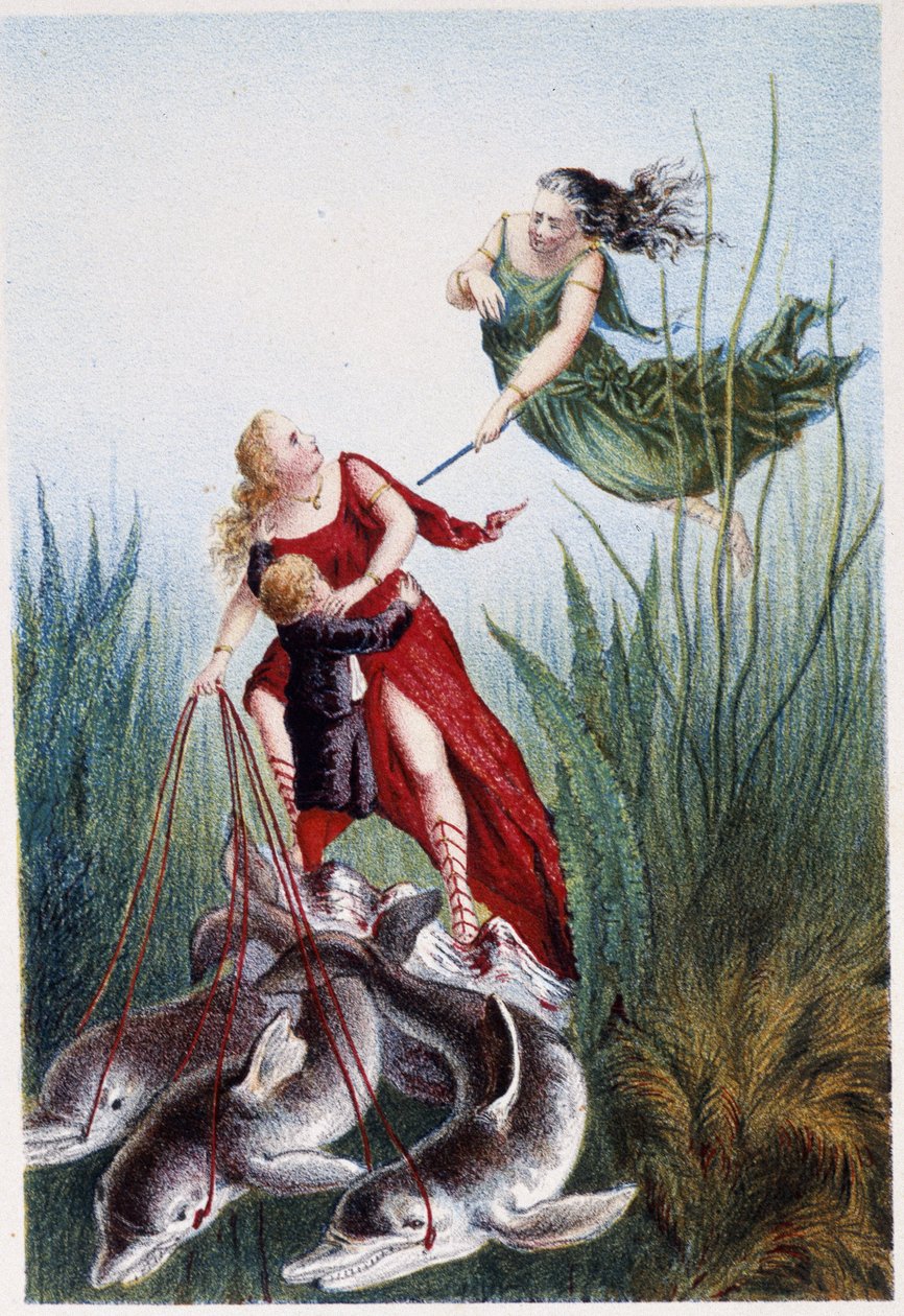 Uma mulher atacando outra mulher e um rapaz liderado por golfinhos - em "Journey to the bottom of the sea" de H. de la Blanchère. Paris, ed. Jouvet et Cie, sd. 1880. (duplo 02947 e 02952) de French School