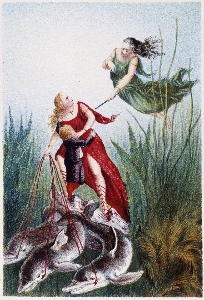 Uma mulher que ataca outra mulher e um rapaz conduzido por golfinhos - in "Viagem ao fundo do mar" de H. de la Blanchère. Paris, ed. Jouvet et Cie, sd. 1880. (duplo 02947) de French School