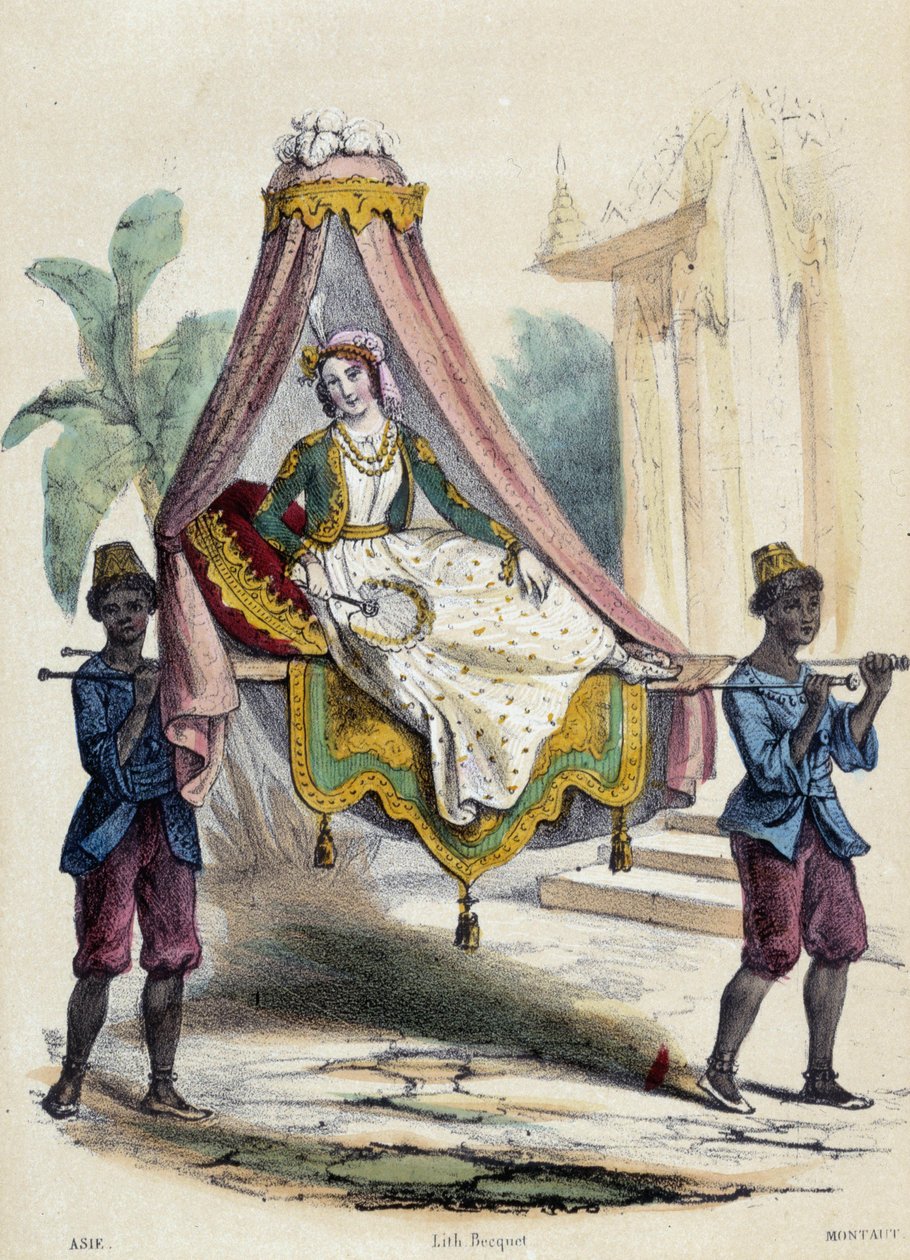 Uma mulher carregada num palanquim por 2 criados; ilustração para a Ásia, - em "As doze Nações" de M.E. Fouinet de French School