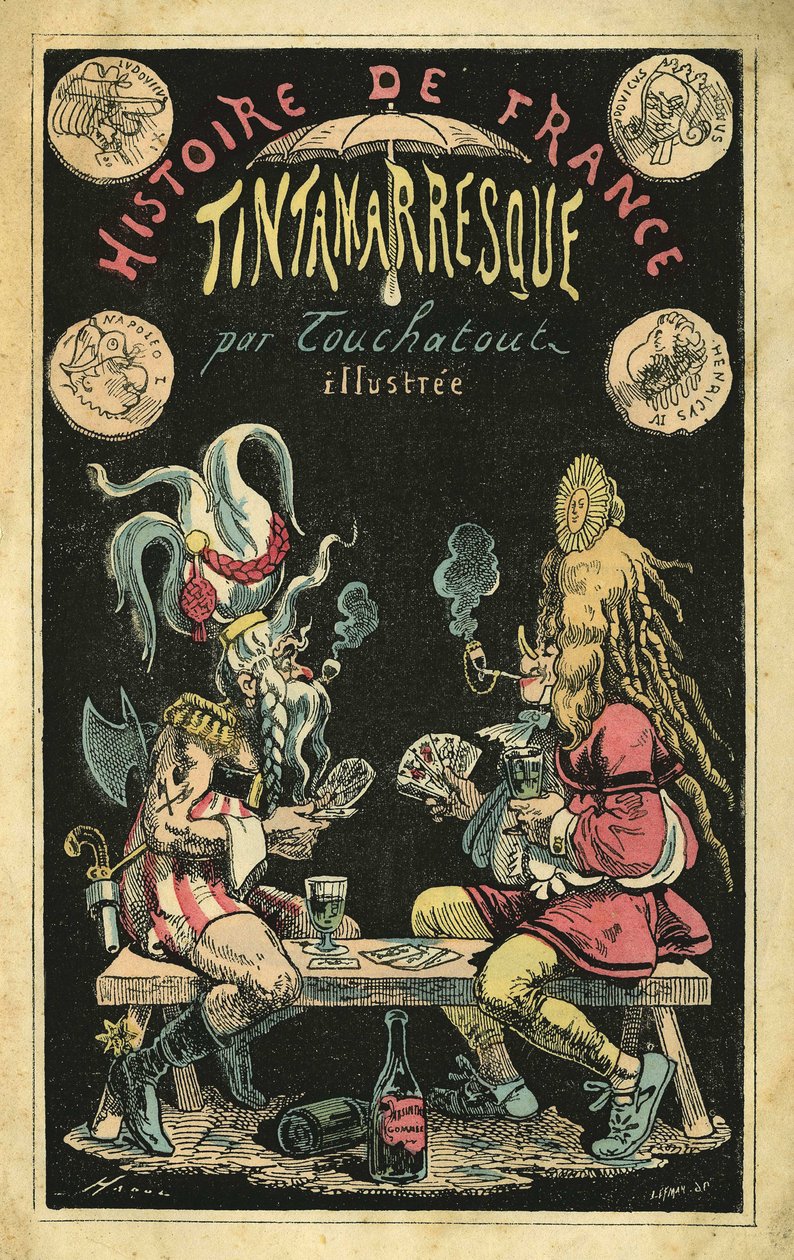 Uma mulher com uma peruca de penas e um homem com uma caricatura em gauleses durante um jogo de cartas. Capa de "Histoire de France Tintamarresque", caricaturas de Touchatout, Paris de French School
