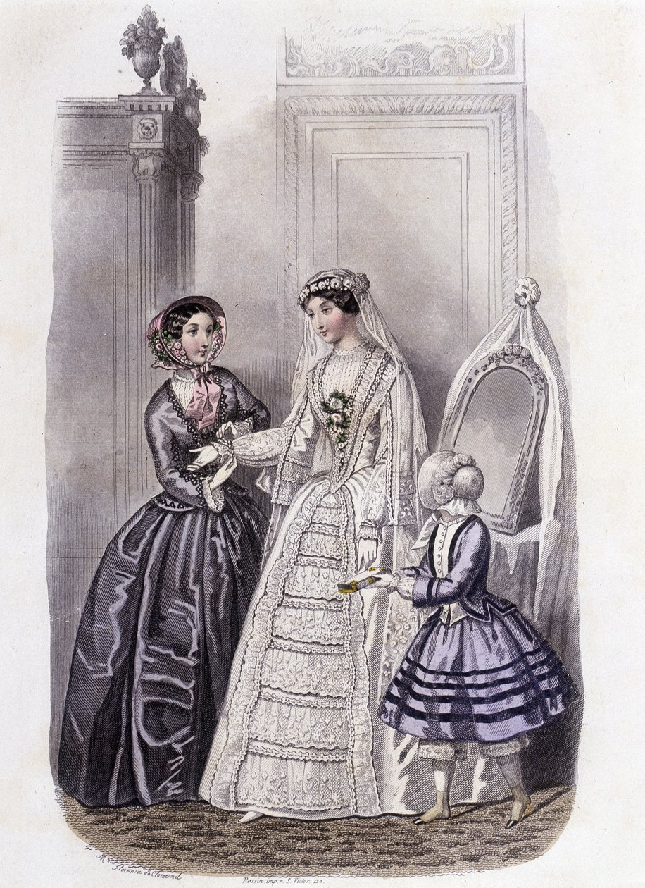 Uma mulher de vestido de noiva rodeada por uma menina e uma senhora - em "Journal des Demoiselles" 1852. de French School