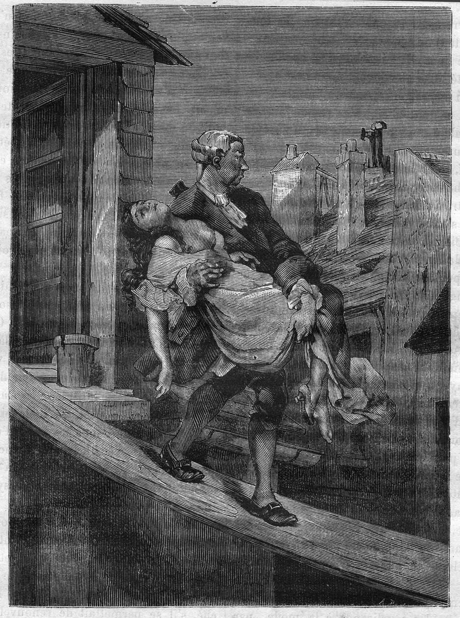 Uma jovem é levada para os prazeres do Rei Luís XV no Parque dos Cervos. Gravação em "A história da prostituição e do deboche entre todos os povos do mundo desde a antiguidade até os dias de hoje" pelo Dr. Th. -F. Debray. 1879. de French School