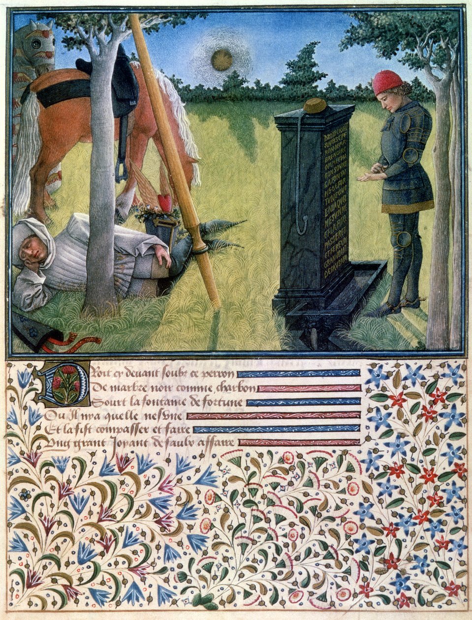 Um jovem cavaleiro está diante de uma lápide enquanto seu servo dorme perto de seus cavalos, do Livre du Coeur dAmours Espris, de Rene dAnjou, 1465 de French School