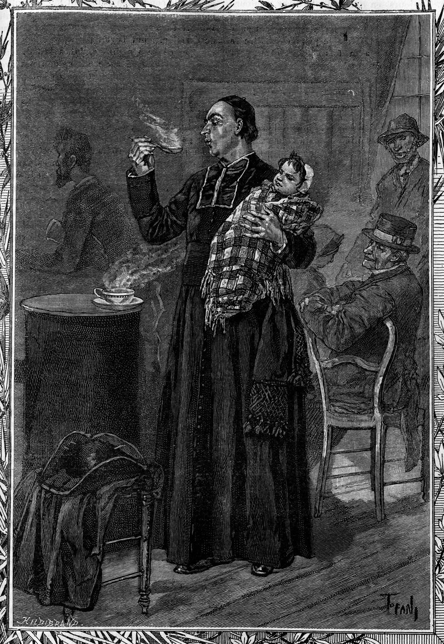 Abbe Marchal alimentou um órfão que foi levado em um hospital na região de Chaumont. Gravura na ilustre revista "La jeunesse". de French School