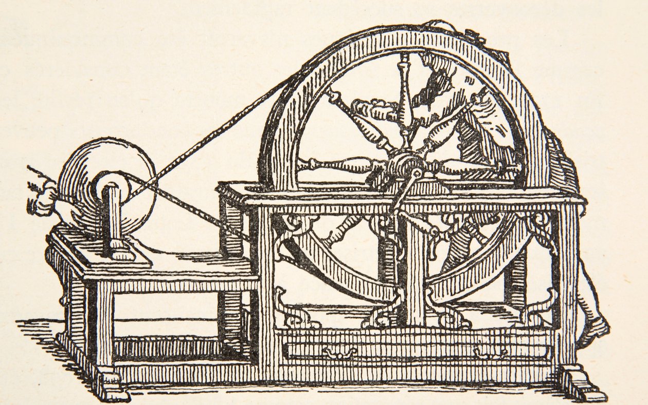 Máquina elétrica Abbe Nollets, 1746, cópia de Boris Mestchersky (n.1957) Ilustração da História da Francaise Nacional, Ciências, Volumes I e II, de Gabriel Hanotaux (1853-1944), 1924 de French School