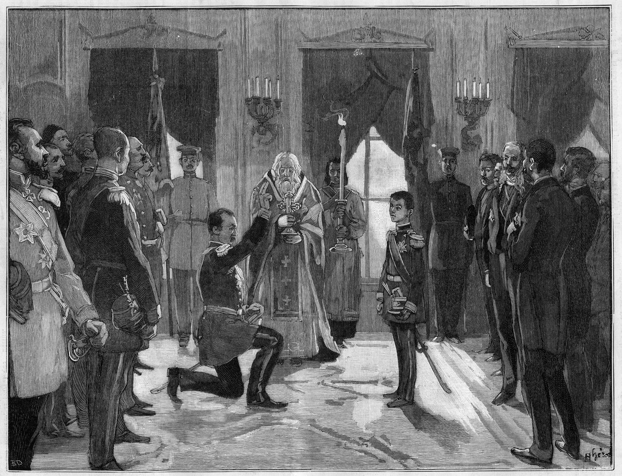 Abdicação do rei Milão 1° da Sérvia (1854-1901), 7 de março de 1889: o antigo rei faz um juramento de obediência e fidelidade ao seu filho, Alexandre 1° da Sérvia (1876-1903), pelo qual acaba de abdicar. Gravura no "Le Monde Illustré" n°1666 de 2 de março  de French School