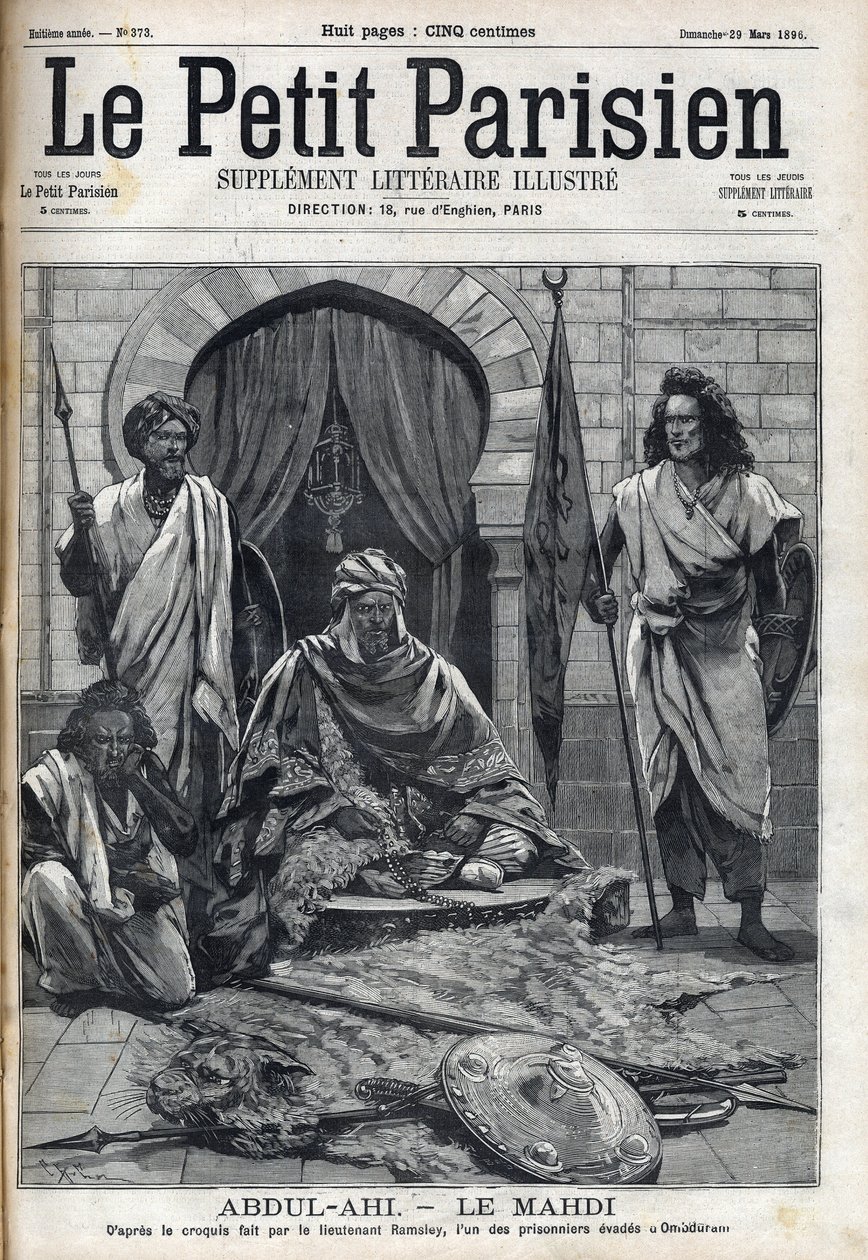 Palácio Abdul-Ahi (Abdulahi) em Ombduram, nas margens do Nilo, em Mahdi. Gravura em " Le petit Parisien" (Le petit Parisien) de French School