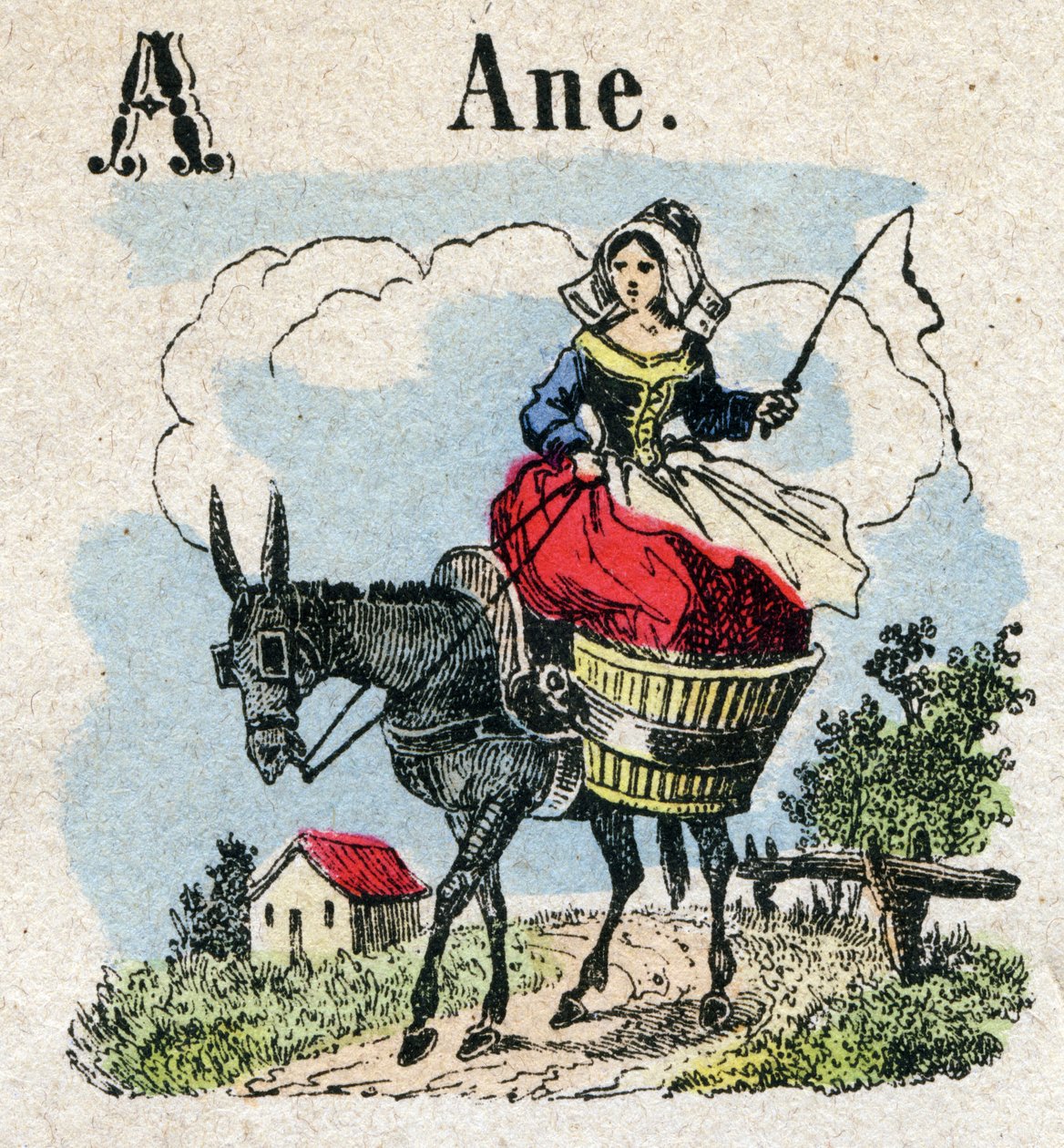 Abecedário. Carta A como o Burro. Pequeno alfabeto enciclopédico, série popular. Imagem epinal, final do século XIX. de French School