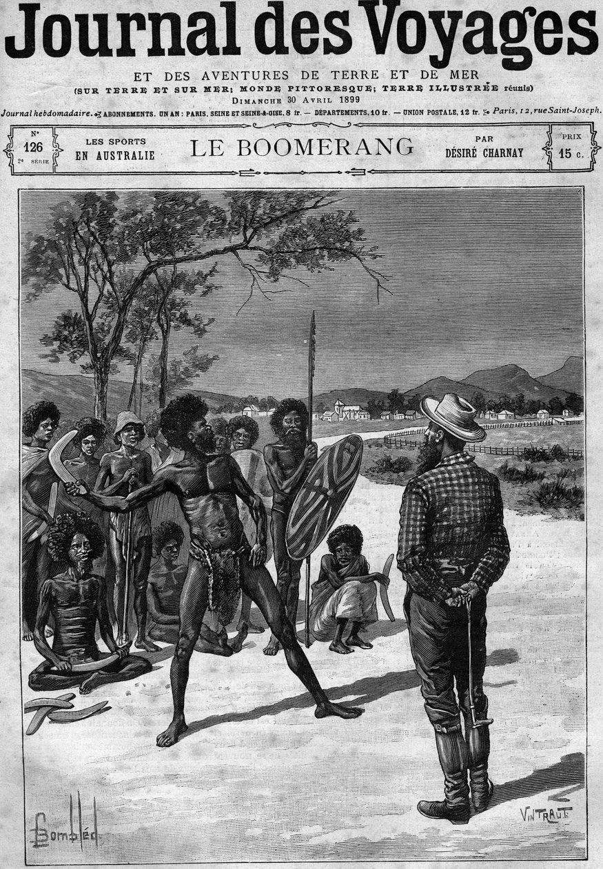 Aborígenes da Austrália usando um bumerangue, no final do século XIX. Gravação no "Journal des Voyages" de 30 de Abril de French School
