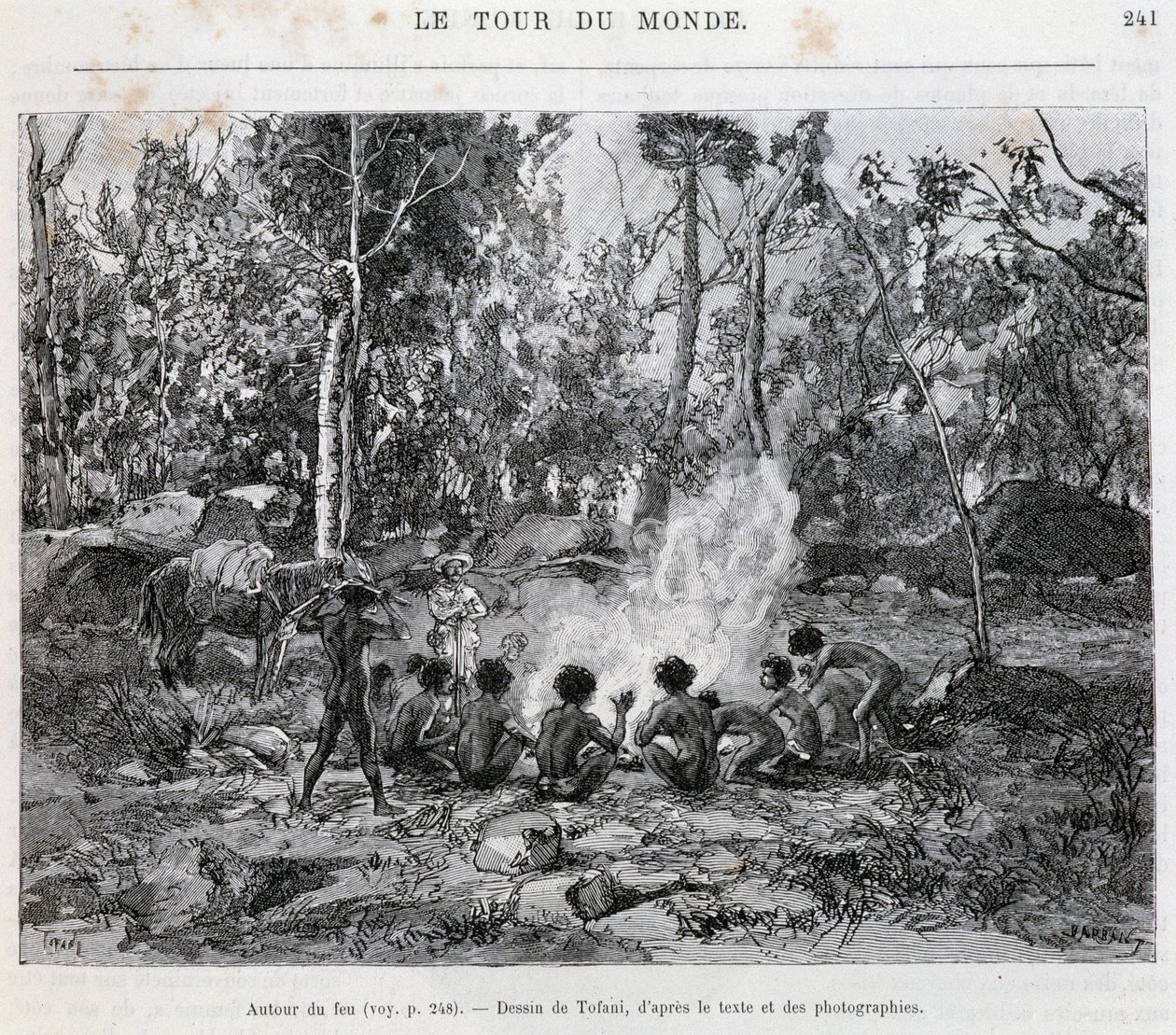 Aborígenes sob a supervisão de um colono, ao redor do incêndio - em "Tour du Monde de French School