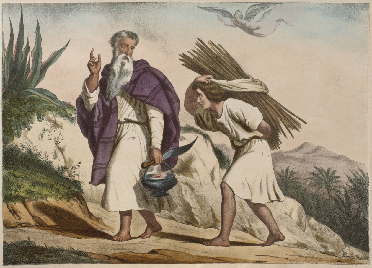Abraão levou Isaque ao Monte Moriá, ilustração de um catecismo LHistoire Sainte, publicado por Charles Delagrave, Paris de French School