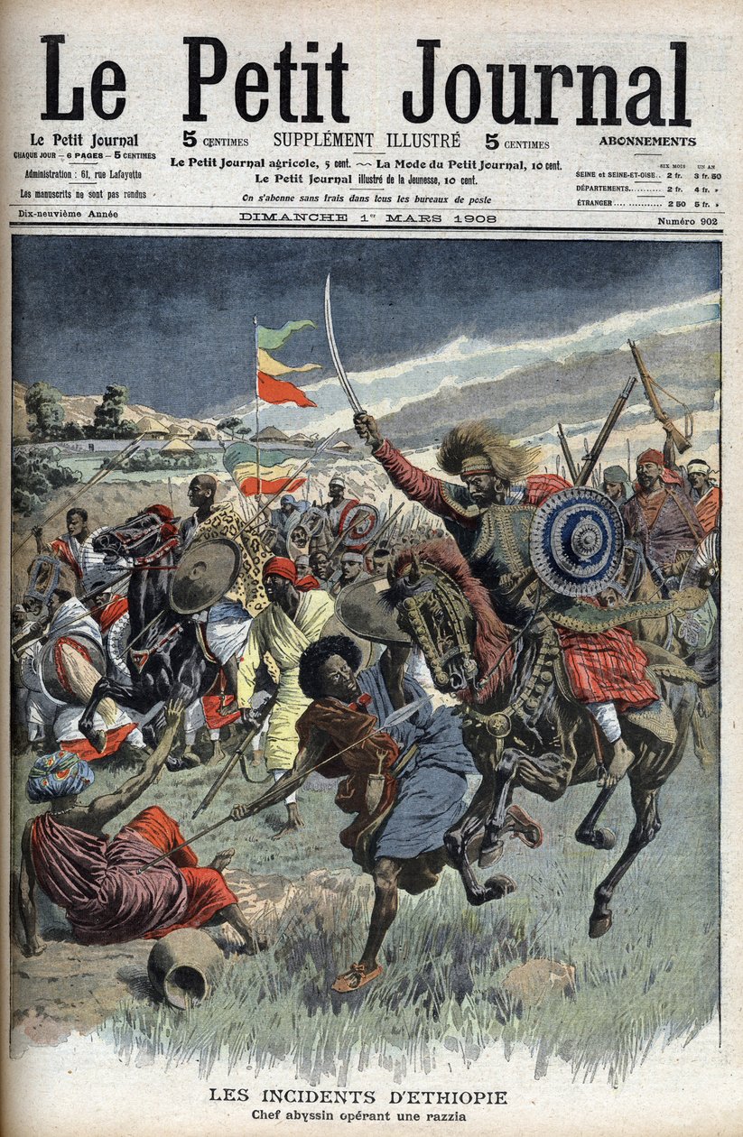 Chefe abissínio numa rusga, Etiópia, Março de 1908 (os abissínios cristãos lutam contra os muçulmanos somalis na fronteira Etiópia-Somália) do Le Petit Journal (gravura) de French School