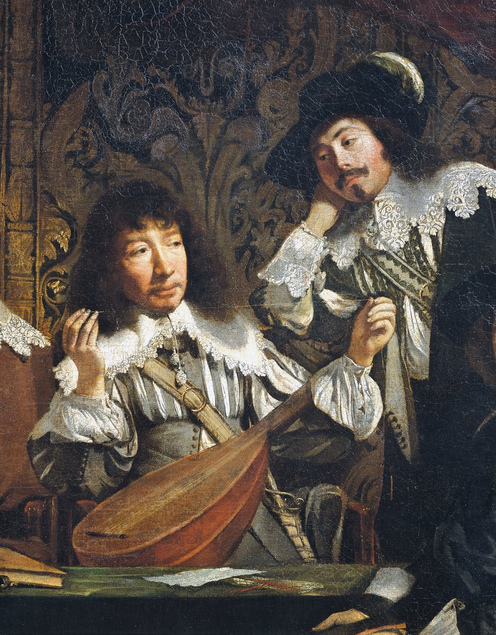 Academia de música, ou Encontro de amadores, por volta de 1640, por artista desconhecido da escola francesa, detalhe de afinação de alaúde, óleo sobre tela de French School