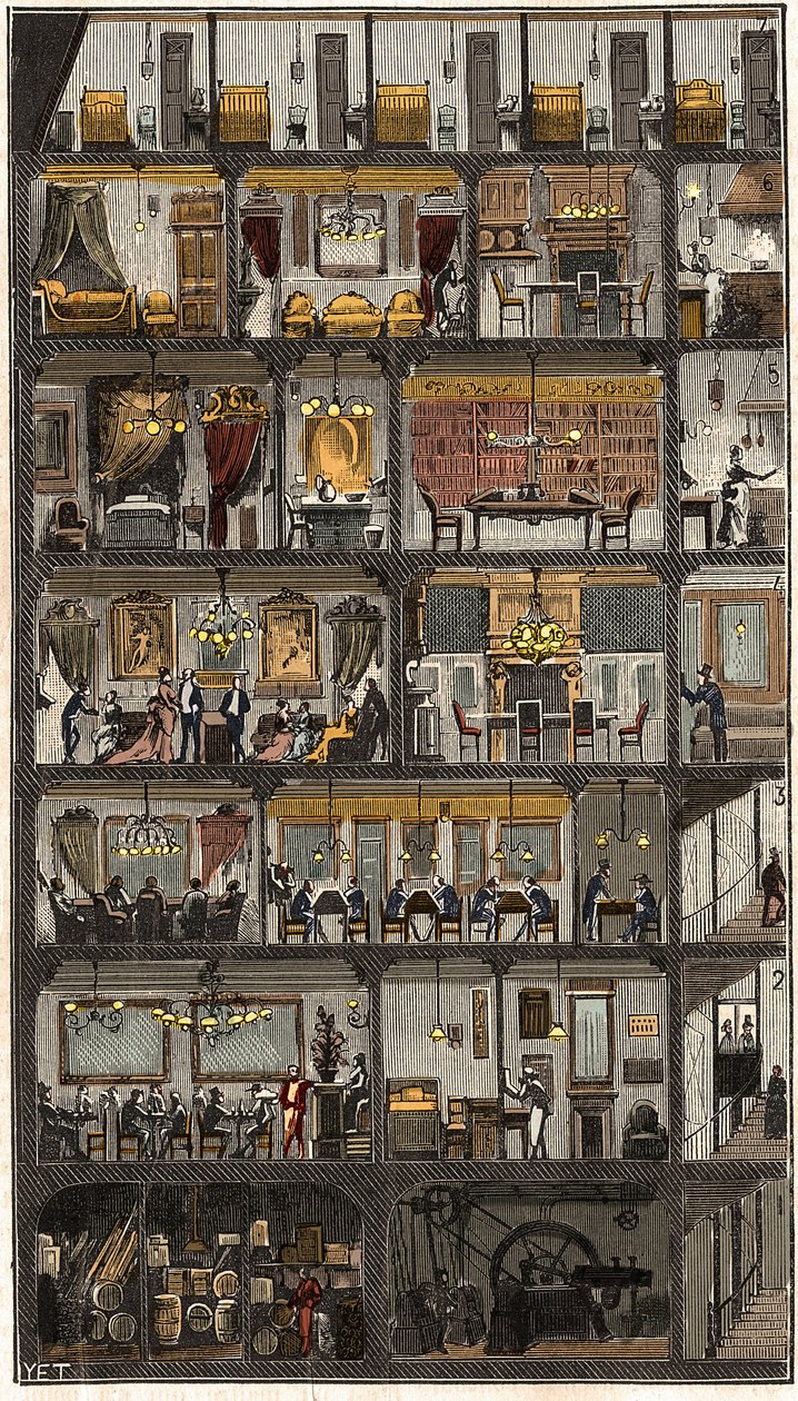 Alojamento em Paris - Secção transversal de uma casa parisiense 1885 - Secção transversal de uma casa em Paris em 1885. em "La Nature". Revisão das ciências e suas aplicações para as artes e a indústria". de French School