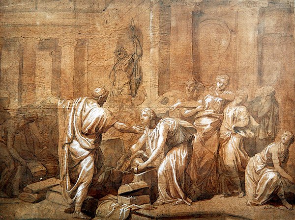 Couraça de Aquiles descoberta pelas filhas, c.1790 (caneta e tinta com lavagem sépia sobre papel) de French School